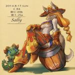  1:1 amber_eyes anthro barrel boots bottomwear breasts brown_fur canid canine claws clothing cowboy_hat cutoffs denim_shorts dragon female footwear fur green_scales hat headgear headwear horn kiya_(artist) larger_female looking_at_viewer male mammal multicolored_fur scales shorts simple_background sitting size_difference smaller_male tied_hair two_tone_fur under_boob 