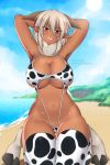  beach bedroom_eyes big_breasts bikini black_spots breasts cleavage clothed clothing cloud dark_skin detailed_background eyebrow_through_hair eyebrows female forest fur glistening hair half-closed_eyes hands_behind_head head_tilt hooves humanoid kneeling legwear lindaroze_(artist) monster_musume navel neck_tuft outside pointy_ears pose red_eyes saane_(monster_musume) sand satyr sea seaside seductive sky sling_bikini smile spots stockings swimwear thick_thighs translucent translucent_hair tree tuft url water white_clothing white_fur white_hair wide_hips 