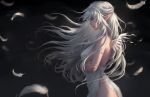  1girl angel angel_wings armlet blood blue_eyes braid breasts chuby_mi crossed_arms dress feathers floating_hiar from_side highres large_breasts long_hair looking_afar parted_lips pointy_ears solo white_dress white_hair wind wings 