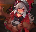  1girl absurdres arms_behind_back azur_lane bdsm blush bondage bound bound_arms breasts chair commentary_request dikko hat highres huge_filesize jacket legs_up long_hair open_mouth panties panties_under_pantyhose pantyhose red_eyes sitting small_breasts solo spread_legs tears tied_up underwear vibrator zeppelin-chan_(azur_lane) 