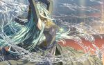  1girl aqua_(fire_emblem_if) arms_up black_dress black_gloves blue_hair dress elbow_gloves eyes_closed fire_emblem fire_emblem_if gloves jewelry long_hair mooncanopy nintendo pendant solo veil water 