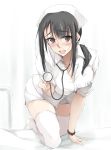  1girl :d black_hair blush breasts brown_eyes eyebrows_visible_through_hair hat highres kitano_(zekkyon) large_breasts looking_at_viewer name_tag nurse nurse_cap on_bed open_mouth original ponytail smile solo stethoscope thighhighs watch white_legwear wristwatch zekkyon 