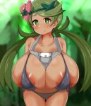  1girl bikini blush breasts breasts_outside collarbone creatures_(company) dark_skin detritus erect_nipples female flower forest game_freak gluteal_fold green_eyes green_hair hair_flower hair_ornament heart heart-shaped_pupils huge_breasts large_areola long_hair mao_(pokemon) matching_hair/eyes nature nintendo pokemon pokemon_(game) pokemon_sm side-tie_bikini smile solo swimsuit symbol-shaped_pupils tongue tongue_out twintails 