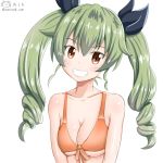  1girl anchovy bikini blush breasts brown_eyes cleavage drill_hair girls_und_panzer green_hair grin long_hair looking_at_viewer medium_breasts smile solo swimsuit swimwear twintails upper_body 