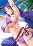  1girl armlet armpits arms_behind_head arms_up bangs bare_shoulders bikini black_gloves blue_sky blush breasts cleavage collarbone eyepatch_bikini fate/grand_order fate_(series) gloves large_breasts long_hair looking_at_viewer low-tied_long_hair minamoto_no_raikou_(fate/grand_order) minamoto_no_raikou_(swimsuit_lancer)_(fate) navel oni-noboru parted_bangs purple_bikini purple_eyes purple_hair rope single_glove sky smile solo swimsuit underboob very_long_hair wet 