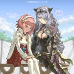 2girls ? armor between_breasts black_armor blue_sky blush breasts camilla_(fire_emblem_if) cleavage cloud day fire_emblem fire_emblem_if gloves hair_ornament hair_over_one_eye hairband japanese_clothes large_breasts long_hair mooncanopy multiple_girls nintendo parted_lips pink_hair purple_eyes purple_gloves purple_hair sakura_(fire_emblem_if) short_hair sitting sky spoken_question_mark thighhighs tiara white_legwear 