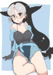  1girl bangs bare_shoulders black_hair breasts brown_eyes character_request cleavage eyebrows_visible_through_hair glasses grey_hair hair_between_eyes highres kemono_friends large_breasts long_hair multicolored_hair parted_bangs semi-rimless_eyewear solo teranekosu very_long_hair 