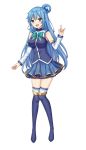  1girl :d absurdres aqua_(konosuba) bare_shoulders blue_dress blue_eyes blue_footwear blue_hair blue_skirt blush boots breasts detached_sleeves dress full_body green_neckwear hair_ornament hair_rings highres kapamiao knee_boots kono_subarashii_sekai_ni_shukufuku_wo! large_breasts long_hair looking_at_viewer open_mouth simple_background skirt smile solo thighhighs white_background white_sleeves 