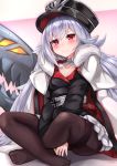  azur_lane bangs between_legs black_headwear black_legwear blush cape eyebrows_visible_through_hair fur_trim gloves graf_zeppelin_(azur_lane) hand_between_legs hat highres iron_cross long_hair long_sleeves looking_at_viewer military_hat no_shoes pantyhose peaked_cap pleated_skirt red_eyes rigging ryara_vivi silver_hair sitting skirt smile very_long_hair white_skirt younger zeppelin-chan_(azur_lane) 