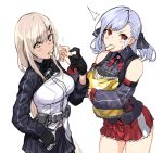  2girls bare_shoulders black_gloves black_legwear black_ribbon black_skirt blonde_hair blush breasts chips cowboy_shot dark_skin detached_sleeves eating eyebrows_visible_through_hair food ganesagi girls_frontline gloves hair_ornament hair_ribbon hairclip large_breasts long_hair looking_at_viewer m590_(girls_frontline) multiple_girls pantyhose pleated_skirt potato_chips red_eyes red_skirt ribbon silver_hair simple_background skirt spas-12_(girls_frontline) white_background yellow_eyes 