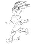  2019 anthro batnbun biped clothed clothing croxovergoddess elbow_pads english_text eyelashes female flat_chested fur hair hi_res knee_pads lagomorph leporid long_ears mammal rabbit roller_skating simple_background smile solo text 