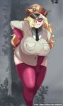  1girl blonde_hair blush breasts curvy domino_(one_piece) facing_viewer gloves grey_background grin hair_over_one_eye hand_on_hip hat highres large_breasts leaning_forward long_hair military military_hat military_uniform one_piece plump red_gloves red_legwear smile solo standing sunglasses taigerarts thighhighs thighs tie uniform wide_hips 