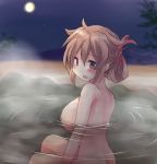  1girl ass bathing blush breasts brown_eyes from_behind hirune_(konekonelkk) kantai_collection large_breasts light_brown_hair looking_at_viewer messy_hair murasame_(kantai_collection) night nude onsen open_mouth outdoors partially_submerged sitting solo steam tied_hair 