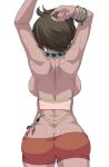  1girl arms_up ass back backboob bangle bare_back bracelet breasts brown_hair butt_crack cowboy_shot creatures_(company) dark_skin from_behind game_freak highres island_kahuna jewelry large_breasts lychee_(pokemon) necklace nintendo pokemon pokemon_(game) pokemon_sm short_hair short_shorts shorts sideboob solo suzusiigasuki trial_captain 
