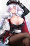  1girl adjusting_headwear azur_lane bangs blush bra breasts brown_legwear cape cleavage eyebrows_visible_through_hair fur-trimmed_cape fur_trim gloves graf_zeppelin_(azur_lane) hair_between_eyes hat iron_cross lace lace-trimmed_bra large_breasts legs_crossed long_hair looking_at_viewer messy_hair pantyhose peaked_cap red_eyes rei_kun sidelocks silver_hair sitting skirt solo underwear uniform very_long_hair white_bra 