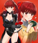  /\/\/\ 1girl black_jacket black_legwear black_leotard contrapposto cowboy_shot eating food food_on_face gloves highres jacket leotard long_hair looking_at_viewer multiple_views onigiri ormille persona persona_5 persona_5_the_royal playboy_bunny_leotard ponytail red_background red_eyes red_gloves red_hair simple_background standing striped_cardigan thighhighs upper_body yellow_cardigan yoshizawa_kasumi 