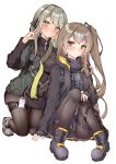  2girls bangs black_footwear black_gloves black_jacket black_legwear black_panties black_shirt blush brown_eyes brown_hair closed_mouth eyebrows_visible_through_hair fingerless_gloves full_body fuyukin_chiba girls_frontline gloves green_eyes green_hair green_jacket grey_footwear hair_ribbon hand_on_another&#039;s_shoulder hand_on_own_knee highres jacket kneeling long_hair long_sleeves looking_at_viewer magazine_(weapon) multiple_girls name_tag panties pantyhose ribbon shirt shoes siblings side_ponytail sidelocks simple_background sisters sitting smile teeth thigh_strap ump40_(girls_frontline) ump45_(girls_frontline) underwear v white_background zipper 