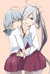  2girls ahoge asashimo_(kantai_collection) black_ribbon bow bowtie braid brown_eyes cowboy_shot dress from_side grey_eyes grey_hair hair_over_one_eye hair_ribbon halterneck hamanami_(kantai_collection) kantai_collection long_hair long_sleeves looking_at_viewer multiple_girls pantyhose pink_background pleated_dress ponytail purple_dress purple_legwear purpledress ribbon school_uniform seamed_legwear sharp_teeth shirt side-seamed_legwear silver_hair simple_background single_braid teeth white_shirt 