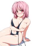  1girl arm_support bangs bare_arms bare_legs bare_shoulders black_swimsuit blush breasts collarbone commentary_request covering covering_breasts erect_nipples eyebrows_visible_through_hair feet_out_of_frame groin hair_between_eyes halterneck highres large_breasts looking_at_viewer navel no_hat no_headwear nori_tamago nose_blush parted_lips pink_hair red_eyes saigyouji_yuyuko shadow shiny shiny_skin short_hair side-tie_swimsuit simple_background sitting solo stomach stomach_cutout sweat swimsuit thighs touhou white_background 