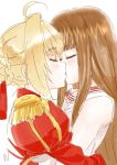  2girls blonde_hair blush brown_hair dress eyes_closed fate/extella fate/extra fate_(series) highres hug kishinami_hakuno_(female) kiss multiple_girls nero_claudius_(fate) nero_claudius_(fate)_(all) red_dress red_ribbon ribbon simple_background white_background white_dress yuri 