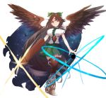  1girl absurdly_long_hair arm_cannon bird_wings black_wings bow breasts brown_hair cape dress energy_ball frills full_body granblue_fantasy_(style) large_breasts long_hair looking_at_viewer puffy_short_sleeves puffy_sleeves red_eyes reiuji_utsuho ribbon shirt short_sleeves sidelocks smile solo thighhighs third_eye touhou tsukikusa very_long_hair weapon white_background white_cape white_shirt wings 