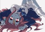  1girl bandage blue_skin bow bowtie breasts commentary_request forehead_scar highres large_breasts long_hair looking_at_viewer looking_back lying minamoto_sakura musukichi on_back outstretched_arms red_eyes red_hair scar school_uniform simple_background socks solo white_legwear zombie zombie_land_saga 