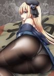  1girl artist_request ass bare_shoulders beret blonde_hair blue_eyes coat come_hither fate/grand_order fate_(series) from_behind hat long_hair lying on_side open_mouth panties panties_under_pantyhose pantyhose reines_el-melloi_archisorte shiny shiny_hair shiny_skin skirt smile solo underwear 