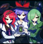  3girls battery battery_indicator blazer cellphone charging collared_shirt cross-laced_clothes dot_nose dress drum drumsticks electricity english_text eyebrows_visible_through_hair green_dress green_eyes green_hair hat hat_ribbon horikawa_raiko instrument jacket kaliningradg layered_sleeves long_sleeves looking_at_viewer medium_hair multiple_girls nagae_iku necktie phone purple_hair red_eyes red_hair ribbon shirt smartphone smile soga_no_tojiko suit_jacket tate_eboshi touhou trait_connection 