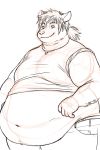  anthro belly belly_overhang big_belly black_and_white canid canine canis clothed clothing ear_piercing ear_ring fur hair male mammal midriff mikalapine monochrome navel obese obese_male overweight overweight_male piercing ponytail simple_background sketch smile solo white_background wolf zeich 