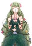  1girl breasts cleavage commission dress flower green_dress green_eyes green_hair green_nails hair_flower hair_ornament hands_together i-mixs long_hair looking_at_viewer medium_breasts nail_polish navel navel_cutout original solo standing thick_eyebrows 