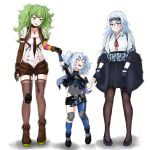  3girls absurdres asymmetrical_legwear bangs bare_shoulders blush eyebrows_visible_through_hair eyes_closed girls_frontline gloves green_hair hair_between_eyes hairband hand_holding highres knee_pads long_hair m950a_(girls_frontline) multiple_girls open_mouth pa-15_(girls_frontline) parted_lips physisyoon red_eyes short_sleeves silver_hair simple_background single_leg_pantyhose single_sock skirt socks standing thighhighs thunder_(girls_frontline) white_background 