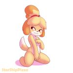  1:1 animal_crossing anthro bedroom_eyes black_nose blush canid canine canis covering covering_breasts covering_crotch covering_self domestic_dog female fur half-closed_eyes isabelle_(animal_crossing) kneeling mammal nintendo nude red_eyes seductive simple_background smile solo starshippizza video_games 