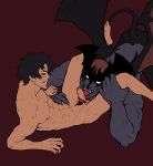  2boys abs black_hair demon devilman devilman_crybaby erection foreskin fudou_akira highres interspecies licking lying multiple_boys muscle nude penis red_eyes size_difference tail tongue yaoi 