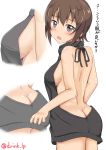  1girl ass backless_outfit blush breasts brown_hair butt_crack eyebrows eyebrows_visible_through_hair fuyunoyukino girls_und_panzer grey_eyes highres large_breasts looking_at_viewer looking_back medium_breasts meme_attire monochrome_background naked_sweater nishizumi_maho no_bra no_panties open_mouth shiny shiny_hair shiny_skin short_hair sideboob simple_background solo sweater translation_request virgin_killer_sweater white_background 