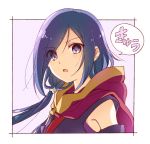  1girl bangs blue_hair cape detached_sleeves eyebrows_visible_through_hair eyes_visible_through_hair frame hair_ornament hair_over_one_eye hanzoumon_yuki long_hair looking_at_viewer namori official_art open_mouth purple_eyes release_the_spyce solo 