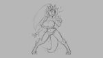  16:9 anthro areola big_breasts blush breast_expansion breasts camel_toe clothing cute_fangs dragon female grey_background hair horn monochrome navel nipple_outline open_mouth ponytail shocked simple_background snout solo standing surprise torn_clothing transformation watsup 