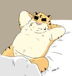  2019 anthro bed bedding belly blanket cute_fangs eddga_go eyes_closed felid male mammal moobs navel nipples pantherine pink_nose solo tiger 