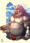  2019 anthro belly bulge clothing fundoshi hi_res humanoid_hands japanese_clothing male mammal melee_weapon moobs one_eye_closed overweight overweight_male scar siraisi903 solo suid suina sus_(pig) sword underwear weapon wild_boar wink 