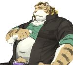  2019 anthro belly clothed clothing felid humanoid_hands inabayasuri male mammal navel open_shirt overweight overweight_male pantherine shirt simple_background solo tiger topwear white_background 