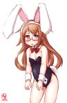  1girl alternate_costume animal_ears artist_logo black_leotard bow bowtie brown_eyes brown_hair bunny_ears bunny_tail bunnysuit commentary_request dated detached_collar eyebrows_visible_through_hair glasses highres kanon_(kurogane_knights) kantai_collection leaning_forward leotard long_hair looking_at_viewer mochizuki_(kantai_collection) red-framed_eyewear red_neckwear simple_background solo strapless strapless_leotard tail white_background wrist_cuffs 