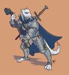  2019 anthro armor breasts cape clothed clothing digital_media_(artwork) dragonborn dungeons_and_dragons female frown fully_clothed hammer melee_weapon reptile scalie sword thelivingtrashcan tools weapon 