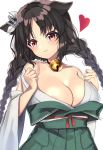  1girl :3 animal_ears areola_slip areolae azur_lane bangs bare_shoulders bell bell_choker black_hair blush braid breasts cat_ears choker cleavage commentary detached_sleeves eyebrows_visible_through_hair hakama_skirt heart highres japanese_clothes kimono large_breasts mkichi obi ooshio_(azur_lane) red_eyes sash sidelocks simple_background smile solo twin_braids white_background wide_sleeves 