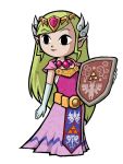  1girl bead_necklace big_eyes black_eyes dress eyebrows eyebrows_visible_through_hair female gloves hair holding holding_shield lips lipstick long_gloves long_hair necklace nintendo official_art pointy_ears princess_zelda royalty shield smile the_legend_of_zelda the_legend_of_zelda:_the_minish_cap tiara toon_zelda triforce 