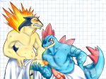  2019 absurd_res angry animal_genitalia anthro balls belly blush claws clothed clothing crocodilian digital_media_(artwork) duo erection feraligatr fur hi_res humanoid_penis male male/male mammal masturbation nintendo overweight overweight_male penile penile_masturbation penis pok&eacute;mon pok&eacute;mon_(species) precum reptile scalie secrets-from-dark simple_background smile steam sweat towel typhlosion video_games 