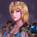  1girl armor armored_dress bangs blonde_hair blue_eyes braid breasts cleavage dress hair_ornament large_breasts mature pauldrons pink_lips portrait raphire see-through shoulder_armor shoulder_pads single_braid sophitia_alexandra soul_calibur soulcalibur_vi white_dress 