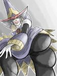  1girl android ass bent_over berkana blonde_hair cameltoe dress dress_lift gloves hat highres long_hair looking_at_viewer pantyhose robot_ears rockman rockman_x rockman_x2:soul_eraser sketch solo szeroart white_gloves witch witch_hat 