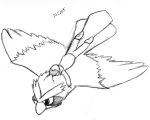  2014 ambiguous_gender avian black_and_white clothing feathers feral flying hierrotatsu hug human lying mammal monochrome nintendo pidgey pok&eacute;mon pok&eacute;mon_(species) simple_background size_difference sketch traditional_media_(artwork) video_games 