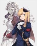  2girls apron blonde_hair buttons closed_mouth eyes_closed fate/grand_order fate_(series) gloves golem green_eyes hair_between_eyes hat looking_at_viewer lord_el-melloi_ii_case_files maid maid_headdress military military_uniform mini_hat multiple_girls nagu parted_lips red_ribbon reines_el-melloi_archisorte ribbon sailor_hat sheath sheathed simple_background smile sword trimmau uniform volumen_hydragyrum weapon white_gloves white_headwear 