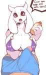  2019 anthro big_breasts big_ears bikini biped boss_monster bovid breasts caprine cleavage clothed clothing cute_fangs dialogue duo english_text erection eyelashes female female_focus floppy_ears front_view fur hi_res holding_object horn human light_fur looking_at_viewer male mammal open_mouth penis plantpenetrator purple_clothing red_eyes simple_background solo_focus swimwear tan_skin text toriel undertale video_games white_background white_fur 