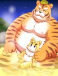  2018 anthro bathing belly blue_eyes cub duo eyes_closed felid humanoid_hands lako male mammal moobs nipples overweight overweight_male pantherine sitting tiger water young 